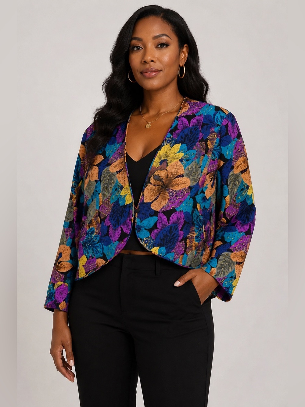 Spenser Jeremy 100% Silk Floral Cropped Jacket Blazer Size 12 Vintage Purple Blu